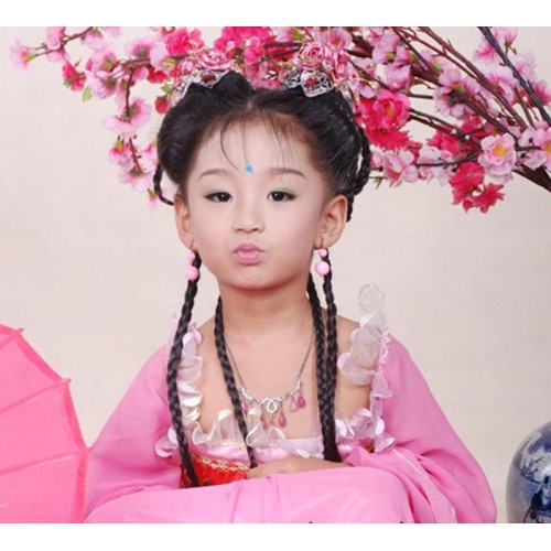 2PCS fine black braid for kids girls stage performance princess hanfu dress empress tang drama cosplay photos shooting hair accessory